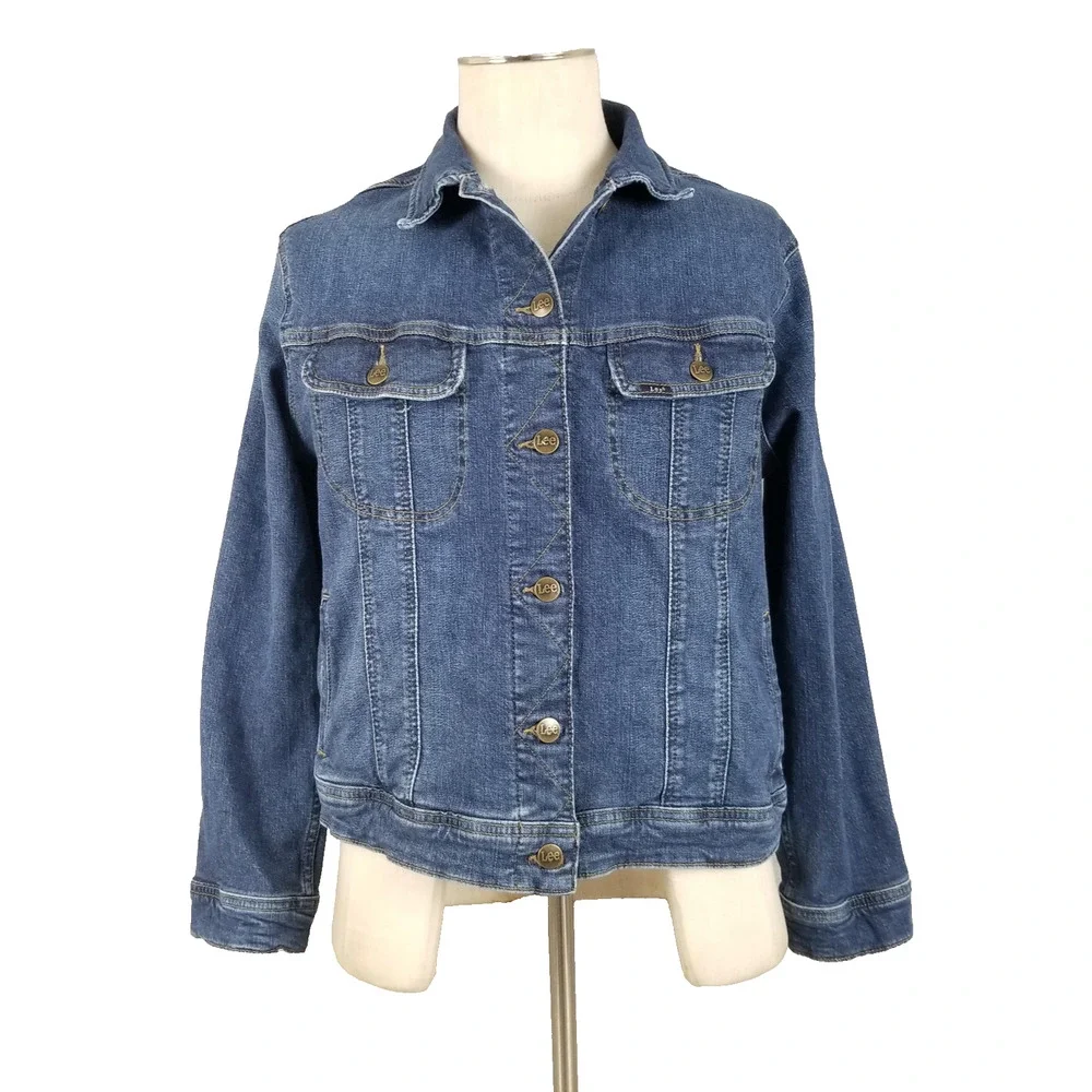 Lee Jean Jacket Womens Large Denim Trucker‎ Stretch Button Front Pockets Casual